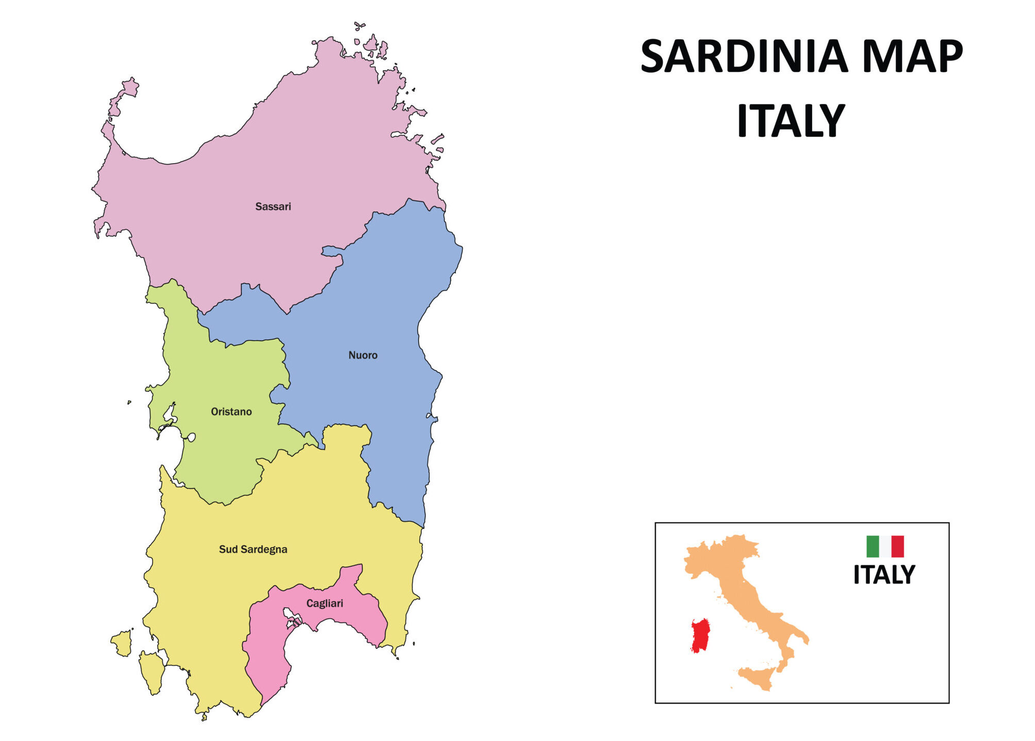 Sardinien-Karte, gegliedert in die 5 Provinzen