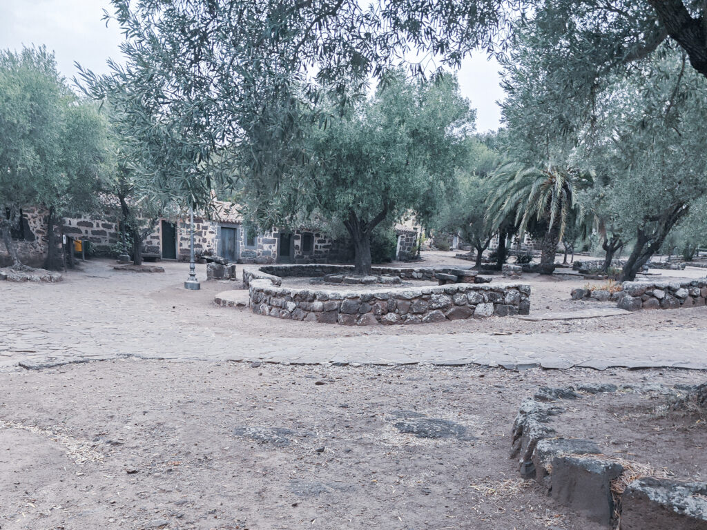 Traditionelles Nuraghendorf mit Olivenbäumen und alten Steinhäusern